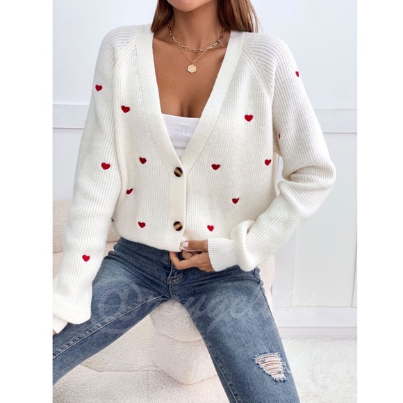 Red Hearts on Cream Knit Cardigan Oversized Long Sleeve Buttons Embroidered - Picture 3 of 15